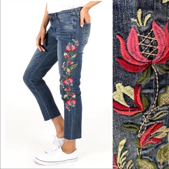 Kut from the Kloth Denim - Kut from the Kloth Reece Ankle Straight Jeans Floral Embroidery Size 8
